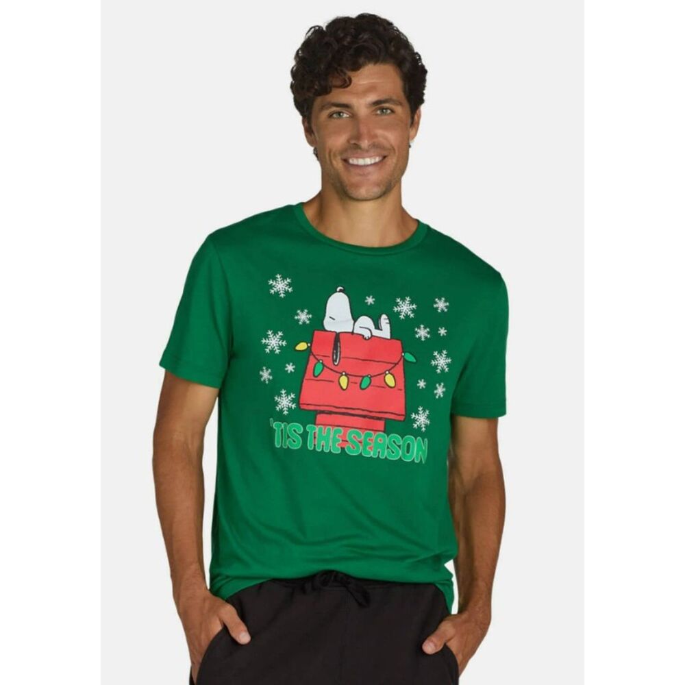 NEW NWT Choose Sz Mens Green Christmas Holiday SNOOPY Short Sleeve Tee Shirt